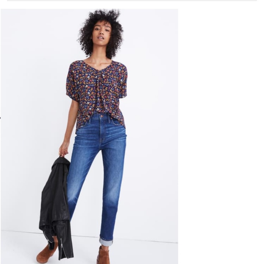 Madewell Navy Floral Short-Sleeve Blouse